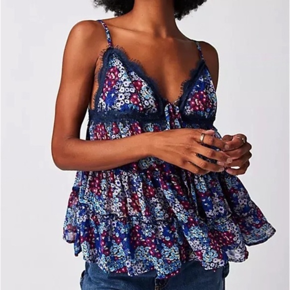 Nwot Free People Lace Sheer blue Floral Garden Cami size S